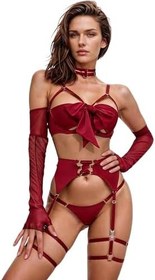 Resim New Dreams Siyah Fantezi Seksi İç Giyim Seti, Fiyonklu Bralet, Garter Kemerli Tanga, Şeffaf Tül Eldiven ve Choker 