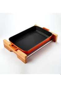 Resim Lava Döküm Dikdörtgen Rosto ve Fırın Tepsisi Kayın Servis Ahşabı Döküm Demir Yekpare Çift Kulplu Ölçü 22x30cm. - Kırmızı 