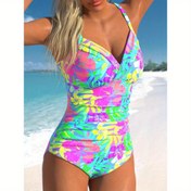 Resim Şık Kadın Çiçekli Mayo - Canlı Pembe, Yeşil ve Sarı Baskı, V-Yaka, Kurdele Detayı, Yüksek Esneklikli Polyester Kumaş, Makinede Yıkanabilir, Yüksek Bel Mayo, Plaj Mayo|Canlı Mayo|Esnek Kumaş 