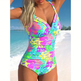 Resim Şık Kadın Çiçekli Mayo - Canlı Pembe, Yeşil ve Sarı Baskı, V-Yaka, Kurdele Detayı, Yüksek Esneklikli Polyester Kumaş, Makinede Yıkanabilir, Yüksek Bel Mayo, Plaj Mayo|Canlı Mayo|Esnek Kumaş 