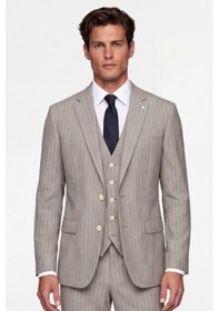 Resim Giotelli Erkek Açık Bej Dar Kesim Slim Fit Viskon Çizgili Mono Yaka 8 Drop Yelekli Takım Elbise 