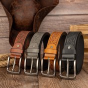 Resim Vintage yaprak desenli ve alaşım tokalı Preppy tarzı erkek kabartmalı PU deri kemerler 