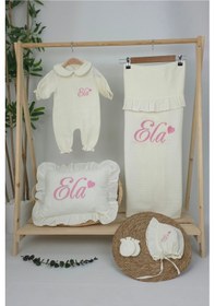 Resim Gros Shop Müslin Yeni Doğan 4katlı Organik %100pamuk Kişiye Özgü Nakışlı Hastane Çıkış Seti Kalpli Model-4 Ekru 
