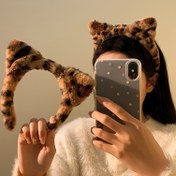 Resim 1 Adet Şık Leopar Desenli Peluş Kedi Kulaklı Saç Bandı - Kadınlar ve 14+ Gençler İçin Yumuşak Hayvan Temalı Saç Aksesuarı, Makyaj & Yüz Yıkama Aksesuarı, Eğlenceli Başlık, Yumuşak Dokulu 