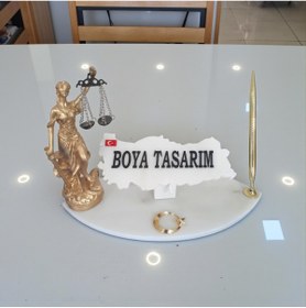 Resim ecay mermer ürünleri Doğal Beyaz Mermer İsimlik Sümen Takımı Kalem ve Terazi Metal Ay Yıldızlı 