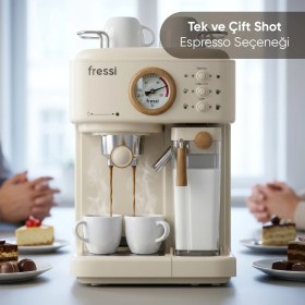 Resim Fressi EM-411 Mavera Ahşap Detaylı 20 Bar Güçlü Espresso Makinesi - Krem 