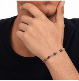 Resim Silver Renk Metal Zincirli Dorika Top Süslemeli Amorf Kan Taşı Doğaltaş Erkek Bileklik Gümüş 