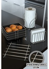 Resim Karteya Gümüş Krom Ekmek Sepeti Ve Servis Sunum Seti Havluluk Peçetelik Nihale Ekmeklik 4'lü Set Gümüş 