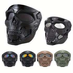 Resim Rüzgar Geçirmez Tam Yüz Kafatası Maskesi ve Renkli Gözlük - İskelet Tasarımı Sokak Stili, Halloween, Cosplay & Açık Hava Sporları İçin, Dayanıklı Rahat Kullanım, 3 Renk (Siyah/Bej/Zeytin Yeşili), Halloween Kıyafetleri, Aerodinamik Yapı 