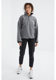 Resim Tommy Life Gri Melanj Yarım Fermuar Etek Ucu Büzgülü Dik Yaka Oversize Kadın Polar Sweatshirt - 97236 Gri Melanj 