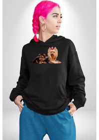 Resim Yorkshire Teacup Ve Anne Köpek Kadın Erkek Siyah Kapüşonlu Sweatshirt Hoodie Siyah 