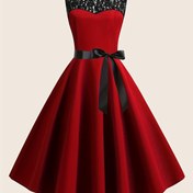 Resim Kadınlar için şık kırmızı A-line elbise, siyah dantel detaylı, kolsuz, ruched gövde ve kurdele detayı, yaz etkinlikleri ve resmi kıyafetler için mükemmel|Ruched Bodice Elbise|Şık kolsuz elbise 