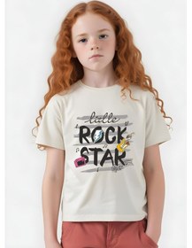 Resim Panios Kids Little Rock Baskılı Kız Çocuk Kısa Kollu T-shirt Krem 