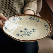 Resim 1 adet 9 inç Mavi Yay ve Yaprak Tasarımı ile Seramik Yuvarlak Salata Kasesi - Salatalar, Tatlar ve Daha Fazlası için Vintage Kahvaltı Kasesi - Tüm Mevsimler, Zarif Masa Örtüsü, Salata Kasesi 
