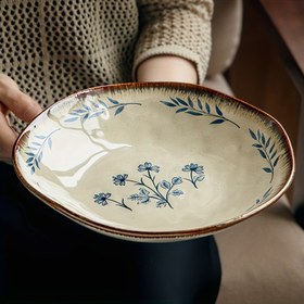 Resim 1 adet 9 inç Mavi Yay ve Yaprak Tasarımı ile Seramik Yuvarlak Salata Kasesi - Salatalar, Tatlar ve Daha Fazlası için Vintage Kahvaltı Kasesi - Tüm Mevsimler, Zarif Masa Örtüsü, Salata Kasesi 