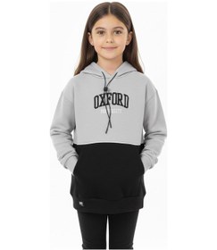 Resim Kapşonlu Oxford Baskılı Kanguru Cepli Kız Çocuk Sweatshirt-90862 Gri 