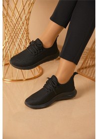 Resim Unisex Bağcıklı Triko Spor Ayakkabı-siyah-189 Siyah 