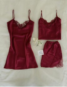 Resim 3'lü Asil Bordeaux Saten Bordo Çeyiz Seti Bordo 