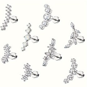 Resim 2D Düz, Kadınlar için alerji önleyici 1 küpe düz arka kıkırdak konç spiral piercing takı yay şeffaf kare sentetik zirkonya basit retro zarif Avrupa ve Amerika kadınlar için paslanmaz çelik gümüş yaprak çiçek 