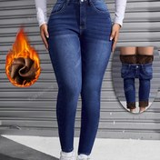 Resim Kadınlar için Polar Astarlı Kalın Kot Pantolon, Cepli Esnek Rahat Sonbahar/Kış Kot Pantolonları 