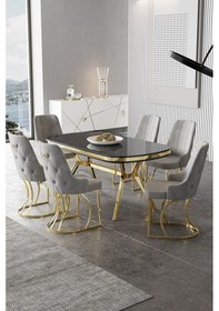 Resim Canisa Epal Serisi 90x168 Lak Panel Siyah Mermer Desen Masa Takımı Gold Ayaklı 6 Gri Sandalye Masa Siyah Mermer Desen Sandalye Gri 