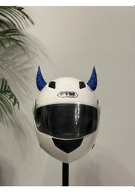 Resim Motor & Motosiklet Koyu Mavi Simli Şeytan Boynuzu Kask Dış Aksesuar Diğer 