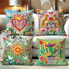 Resim 4 adet Meksika Bohemian Atma Yastık Kılıfı Tutkulu Çiçekler Kaktüs Leopar ve Güneş Tasarımı, Modern Tarz, Yumuşak ve Rahat Yastık Kılıfı, Fermuar Kapanışı, Oturma Odası Kanepe Yatak Odası Odası için Mükemmel Ev Dış Mekan Dekorasyonu ve Hediyeler için En İyi Seçim, Makine Yıkanabilir, Tek Taraflı Baskı Yastık Çekirdeği Yok, Üç Boyut Mevcut 