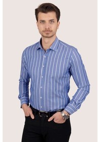 Resim Erkek Mavi Beyaz Çizgili Slimfit Kutulu Gömlek Mavi 