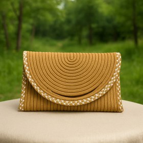 Resim Efuliz Home Handmade El Geçirme Detaylı Jüt Hasır Çanta, Zarf Portföy Hardal-Hasır Renk Clutch Çanta. 