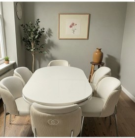 Resim Msy Home 6 Kişilik Aura Krom Serisi Beyaz Lake Oval Yemek Masası Ve Puffy Krem Sandalye Takımı Modern Krem 