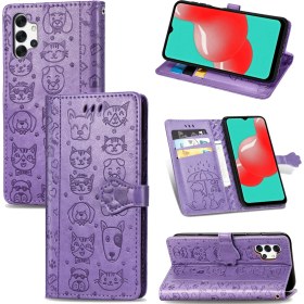 Resim Yihang Boutique Durumda Samsung Galaxy A32 5g Flip Cüzdan Kabartmalı Kapak Etui Housse Kedi Köpek Desen - Mor 