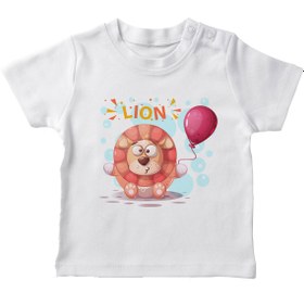 Resim Angemiel Baby Oturarak Balon Tutan Aslan Erkek Bebek Tişört Beyaz B0472MDBBKETSRT 