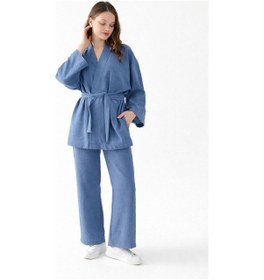 Resim Zen Elegance Kadın Kimono Takım - Geniş Paça Keten Dokulu Alt Üst Yazlık Kadın Takım İndigomavi 