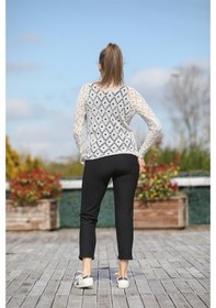 Resim Aqe Fashion Kadın Taş Rengi Yuvarlak Yaka Desenli Triko Bluz-Taş 