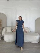 Resim Keten Yandan Yırtmaçlı Uzun Sıfır Kolsuz Elbise - Mavi Mavi 