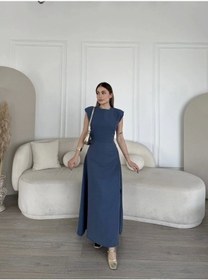 Resim Keten Yandan Yırtmaçlı Uzun Sıfır Kolsuz Elbise - Mavi Mavi 