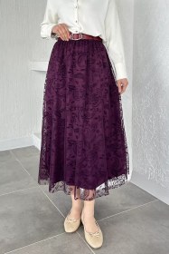 Resim Flok Baskılı Kemerli Tesettür Etek Mürdüm TZL-P-00020611 