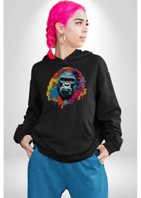 Resim Renkli Maymun Goril Kadın Erkek Siyah Kapüşonlu Sweatshirt Hoodie Siyah 