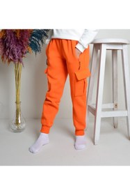 Resim KİDSPİTİRCİK Unisex Çocuk Turuncu Kargo Cepli 3ip Kalın Polarlı Eşofman Alt 