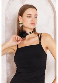 Resim Darlin Moda Kadın Siyah Gül Detaylı Bodycon Askılı Midi Elbise Dm1053 Siyah 