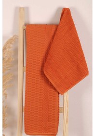 Resim 2 Parça Banyo Havlu Takımı %100 Pamuklu Çubuk Desen Turuncu Renkli 