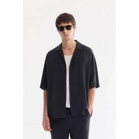 Resim AVVA Erkek Siyah Apaj Yaka Nefes Alan Soft Touch Kısa Kollu Oversize Fit Gömlek A61Y2006 