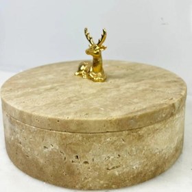 Resim Traverten Kapaklı Kase 20cm Gold Geyik Aksesuarlı 