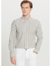 Resim Premıum Altınyıldız Erkek Hakı Beyaz %100 Pamuk Flanel Slim Fit Dar Kesim Düğmeli Yaka Çizgili Gömlek 