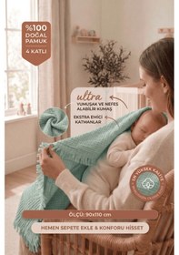 Resim Müslin Püsküllü 4 Katlı Müslin Battaniye 90x120 Cm - Ze4katlı Yeşil 