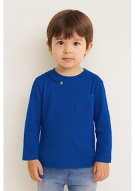 Resim Luess Unisex Çocuk Happiness Nakışlı Cepli Fitilli Kaşkorse Tişört Lacivert 