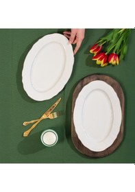 Resim Porsima 4446 Tiffany Porselen Platin Fileli Kayık Tabak Seti - Oval Kahvaltılık Sunumluk Seti 30cm Beyaz 