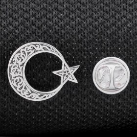Resim Takıhan Ayyıldız Desenli 925 Ayar Gümüş Rozet Yaka Iğnesi 