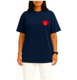 Resim Bahriyeli Collection Oversize Sevgililer Günü Özel Kalp İçinde L Harfi Cep Baskılı Unisex T-shirt Lacivert 