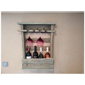 Resim Masif Ahşap Eskitme Boyalı Şaraplık Ve Kadehlik 4 Şişe & 4 Kade 